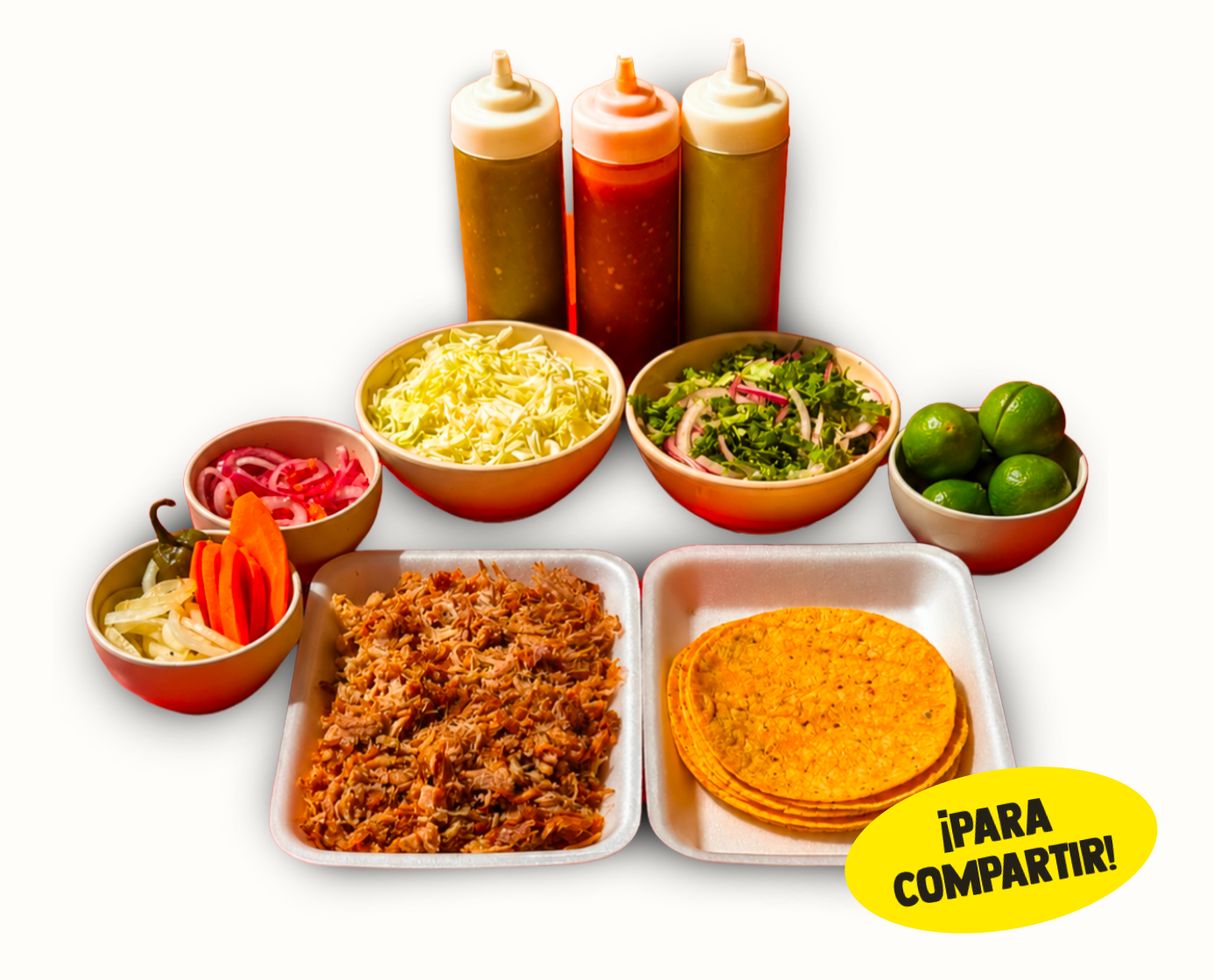 Carnitas, tortillas, salsas y complementos. ¡Para compartir!